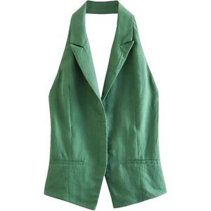 Zara Halter Vest Womens Open Back Linen Blend Waistcoat L Green Notched Lapel